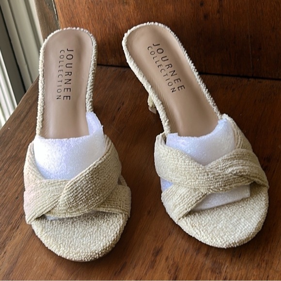 Terry Cloth Tan Women's Heels Kitten Heels Preppy Open Toe Sandals Toweling 2025 - Picture 2 of 15